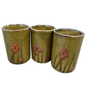 Otagiri Japan Vintage Stoneware Tea Cups Juice Set 3 Green Floral Pottery 3.25"